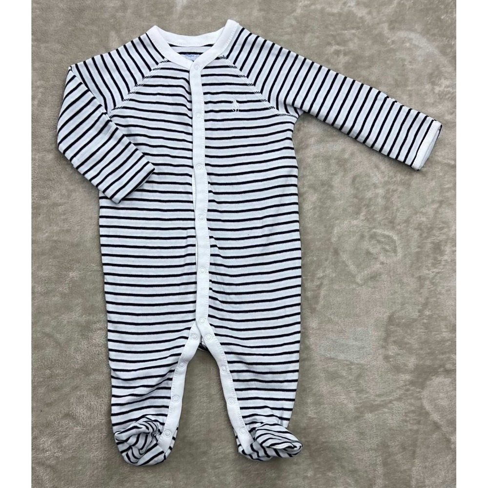 EUC Ralph Lauren Baby Boy Navy White Striped Footed Sleeper 3M 3 Months Cotton